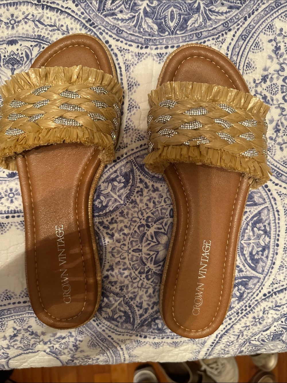 Crown Vintage Tan Raffia Braided Slide Sandals with Silver Accents